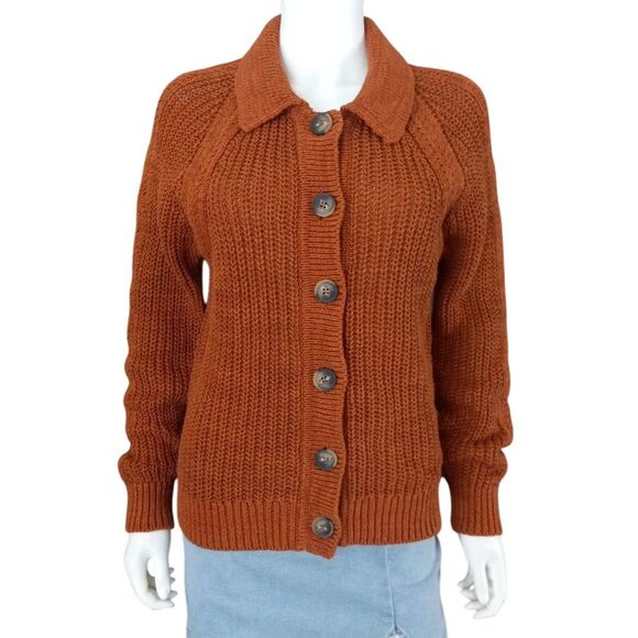 Garnet Hill Maren Cardigan Size S Burnt Orange Linen Organic Cotton Chunky Knit - Picture 12 of 14